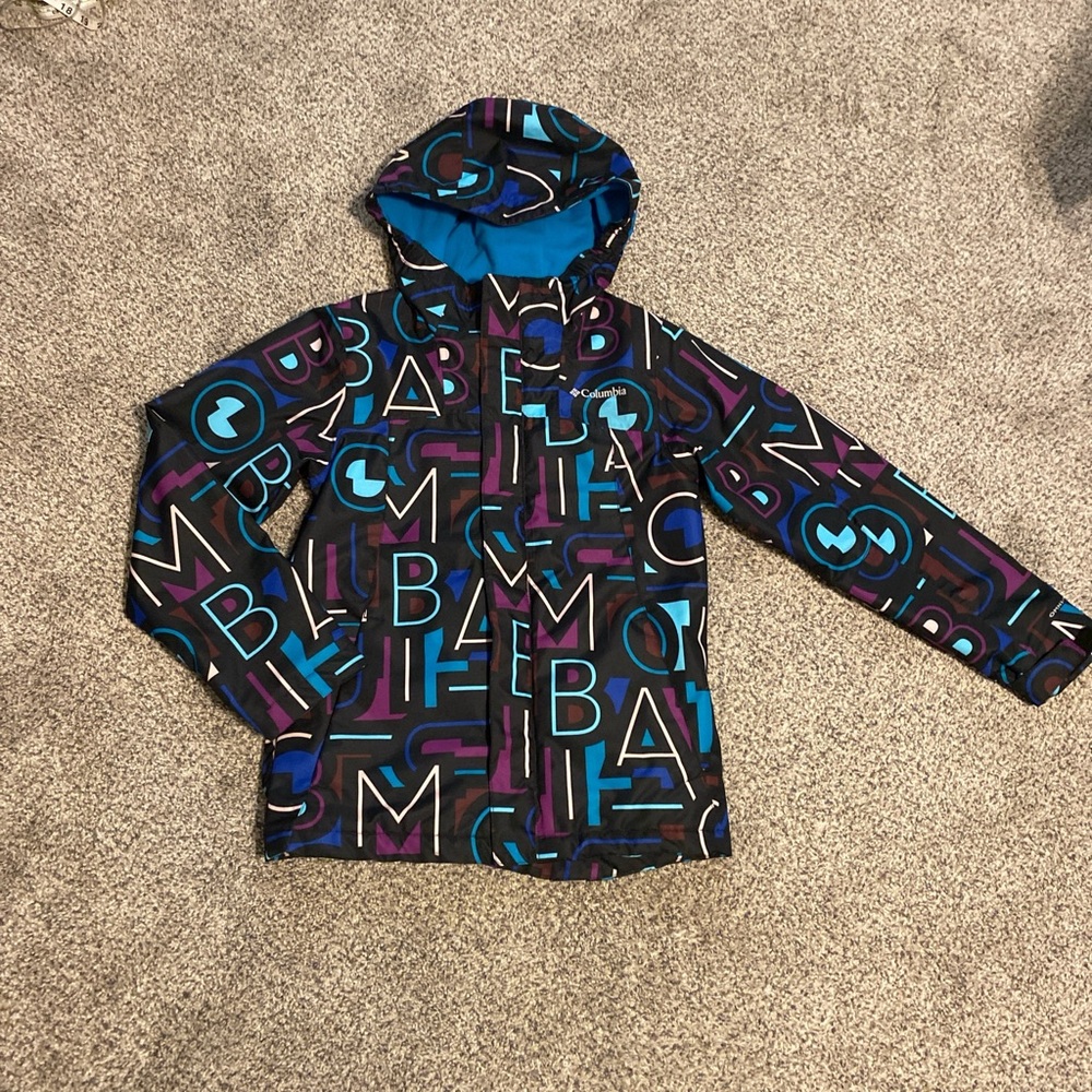 Columbia Kids Black Omni Tech Rain Jacket with Blue and Purple Graphic Print